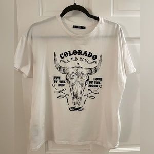 NEW! MANGO t-shirt western style. Black beaded letters. Size L. Never worn.